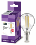 Лампа светодиод 5Вт шар Е14 3000К 600Лм филамент прозр IEK (10/100)
