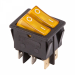 Выключатель клавишный 250V 15А (6с) ON-OFF желтый с подсветкой двойной REXANT (10/50/1000)