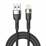 Кабель USB-A - Lightning для Apple, 2,4А, 1м, в черной нейлоновой оплетке, с LED подсветкой REXANT