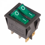 Выключатель клавишный 250V 15А (6с) ON-OFF зеленый с подсвет ДВОЙНОЙ REXANT (10/10/500)