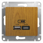 Розетка 2гн USB+USB A+C с/у дуб механизм 5В/2.4А 2х5В/1.2А Glossa Schneider Electric