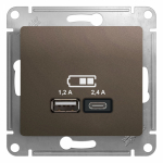 Розетка 2гн USB+USB A+C с/у шоколад механизм 5В/2.4А 2х5В/1.2А Glossa Schneider Electric
