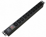 Hyperline SHE19-10IEC-S-IEC Блок розеток для 19" шкафов, горизонтальный, с выключателем с подсветкой, 10хIEC 320 C13, 10A, 250В, без кабеля питания, в